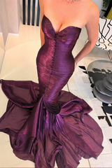 Luxurious Grape Sweetheart Strapless Sleeveless Mermaid Evening Dresses Sheath With Pleats