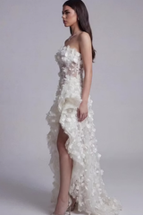 Unique Strapless Sleeveless Hi-Lo Evening Dresses Floor Length With Zipper