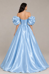 Luxurious Sky Blue Off The Shoulder Satin A-Line Evening Dresses Floor Length With Lace-Up Back