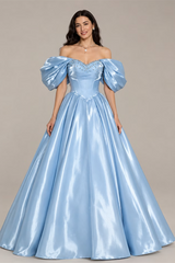 Luxurious Sky Blue Off The Shoulder Satin A-Line Evening Dresses Floor Length With Lace-Up Back