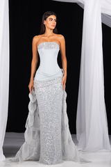 Dazzling Silver Strapless Sleeveless Mermaid Evening Dresses Column Pleats With Lace-Up Back