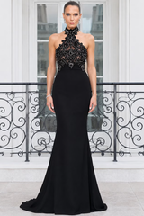 Unique Black Halter Sleeveless Satin Mermaid Evening Dresses Floor Length Column With Zipper