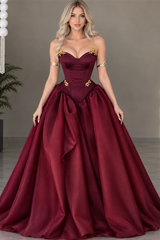 Glamorous Burgundy Sweetheart Strapless Sleeveless Satin Evening Dresses A-Line With Pleats Zipper