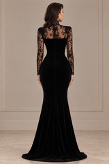 Modern Black Long Sleeves Mermaid Satin Evening Dresses Floor Length Sheath With Zipper