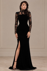 Modern Black Long Sleeves Mermaid Satin Evening Dresses Floor Length Sheath With Zipper