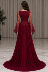 Dazzling Burgundy Long Sleeves Chiffon Evening Dresses Floor Length Beading With Pleats Zipper
