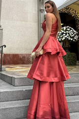 Modern Red Halter Sleeveless Satin Evening Dresses Floor Length With Pleats