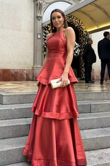 Modern Red Halter Sleeveless Satin Evening Dresses Floor Length With Pleats