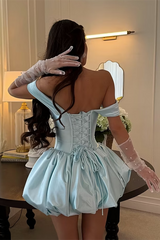 Modern Dusty Blue Off The Shoulder Sweetheart Satin Homecoming Dresses Mini With Lace-Up Back