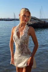 Unique V-Neck Halter Sleeveless Lace Homecoming Dresses Mini With Pleats