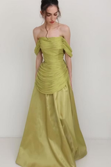 Charming Sage Off The Shoulder Evening Dresses Floor Length With Pleats