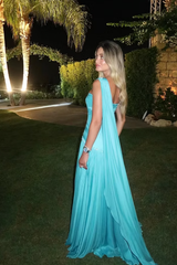 Timeless Blue Sweetheart Sleeveless Chiffon Evening Dresses Gem Floor Length With Zipper Pleats