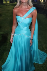 Timeless Blue Sweetheart Sleeveless Chiffon Evening Dresses Gem Floor Length With Zipper Pleats