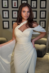Graceful One Shoulder Asymmetrical Sweetheart Mermaid Satin Evening Dresses High Split With Pleats