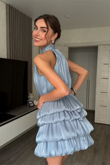 Charming Dusty Blue Halter Sleeveless Homecoming Dresses Mini With Pleats