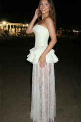Glamorous Strapless Sleeveless Lace Evening Dresses Floor Length With Zipper Pleats