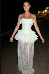 Glamorous Strapless Sleeveless Lace Evening Dresses Floor Length With Zipper Pleats