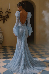 Unique Sky Blue Long Sleeves Mermaid Lace Evening Dresses Sheath Backless With Pleats
