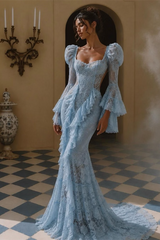 Unique Sky Blue Long Sleeves Mermaid Lace Evening Dresses Sheath Backless With Pleats