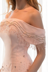 Unique Pink Off The Shoulder Mermaid Satin Tulle Evening Dresses Column Beading With Pleats