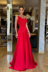 Romantic Red Strapless Sleeveless Satin A-Line Evening Dresses Floor Length With Zipper Pleats