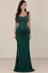 Dazzling Dark Green Straps Sleeveless Mermaid Evening Dresses Side Split Gem With Zipper