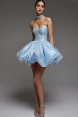 Unique Sky Blue Sweetheart Strapless Sleeveless Homecoming Dresses Mini With Pleats