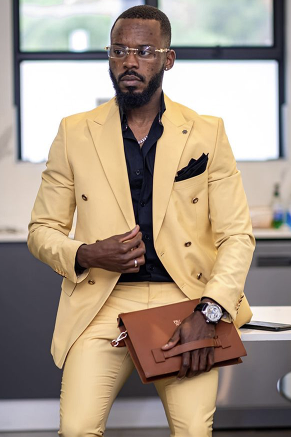 Yellow Double Breasted Peaked Lapel Men Suits