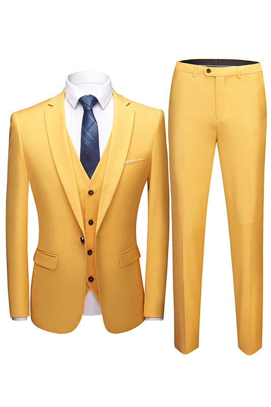 Yellow Notch Collar Three Pieces Slim Fit Suits for Men