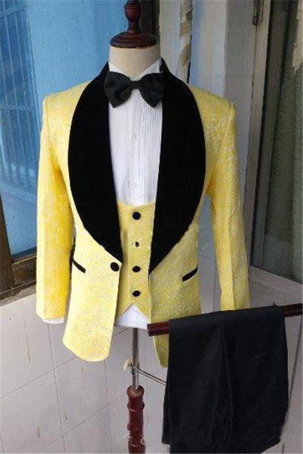 Yellow Slim Fit Lapel Shawl Prom Dress Suit Bespoke Jacquard Men Formal Party Blazer