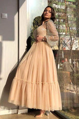 A-line Jewel Ankle Length Multiple Layers Long Sleeve Sequins Prom Dresses-Dbrbridal