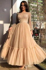 A-line Jewel Ankle Length Multiple Layers Long Sleeve Sequins Prom Dresses-Dbrbridal
