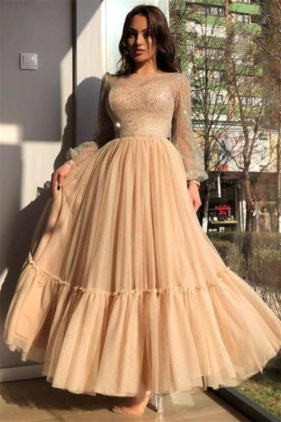 A-line Jewel Ankle Length Multiple Layers Long Sleeve Sequins Prom Dresses-Dbrbridal