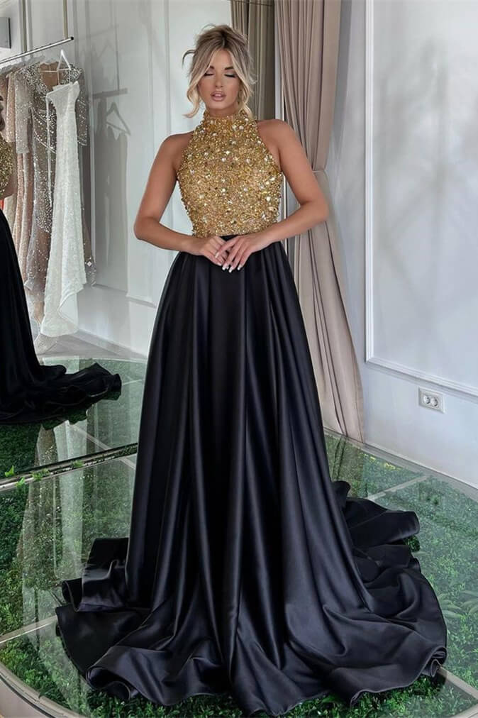 A-Line Sleeveless Black High Neck Prom Dress With Gold Sequins – Dbrbridal
