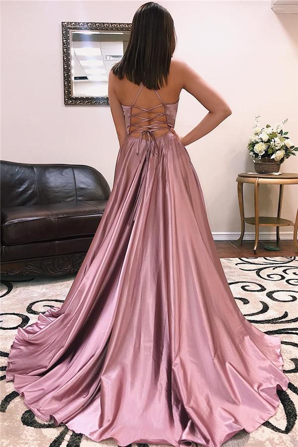 A-line Sleeveless V-Neck Front Slit Long Prom Dresses-Dbrbridal