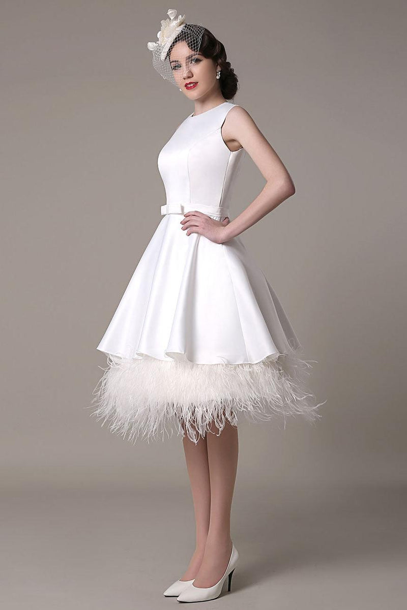 A-Line Wedding Dress Knee-Length Feather Tiered Satin Bow Bridal Dress