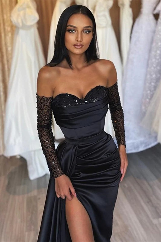 Amazing Long Black Mermaid Front Split Long Sequins Evening Party Gowns-Dbrbridal
