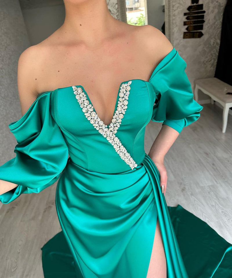 Amazing Long Green Off-the-Shoulder Evening Party Gowns Long Slit Online-Dbrbridal