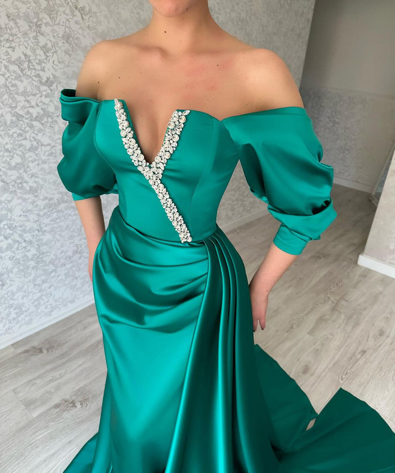 Amazing Long Green Off-the-Shoulder Evening Party Gowns Long Slit Online-Dbrbridal