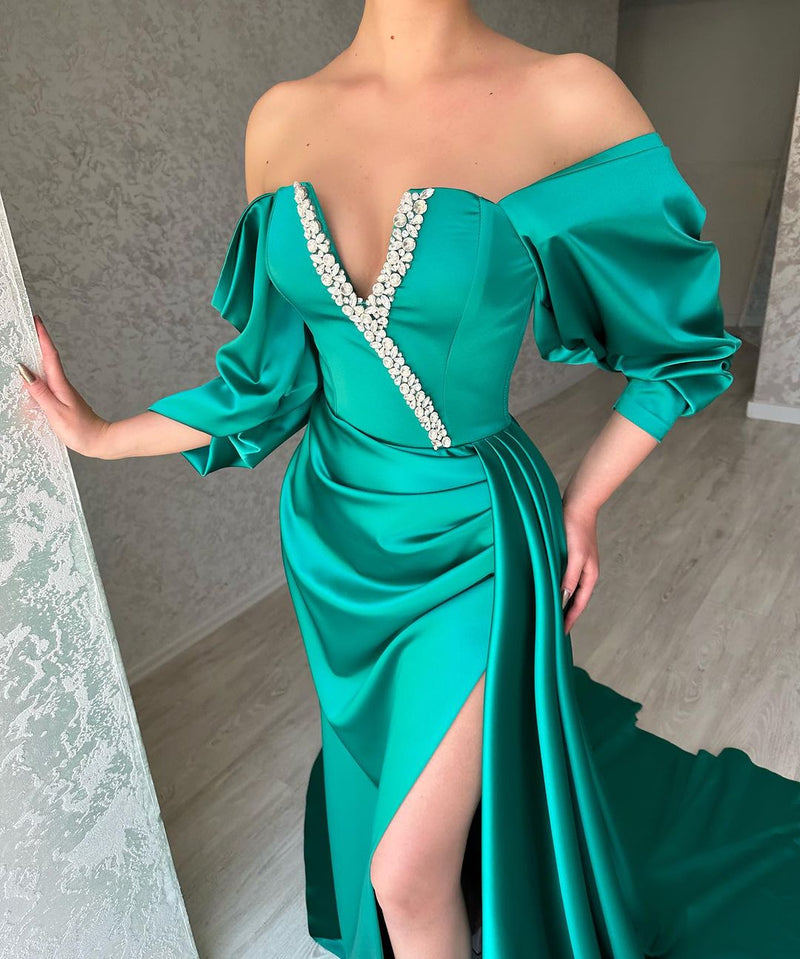 Amazing Long Green Off-the-Shoulder Evening Party Gowns Long Slit Online-Dbrbridal