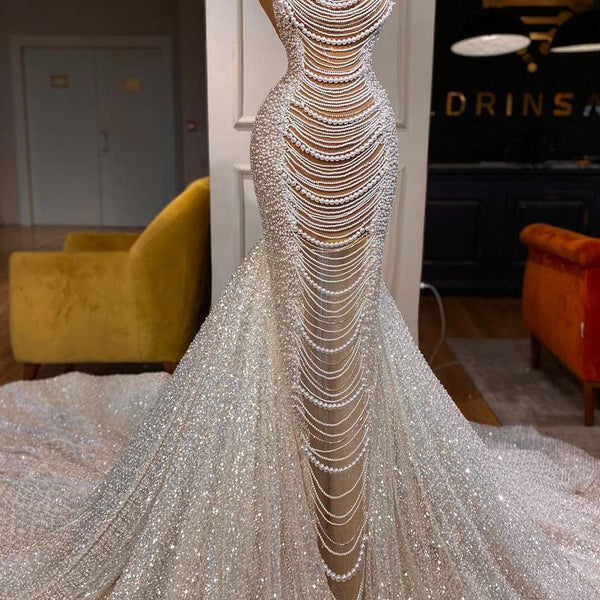 Amazing Long Mermaid Halter Beading Sleeveless Bridal Gown With Pearls –  Dbrbridal