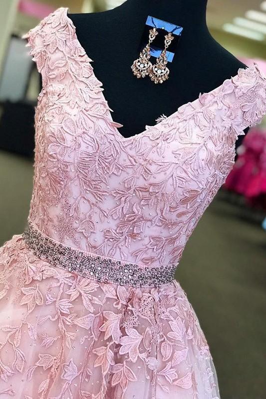 Amazing Pink Off-the-Shoulder Prom Dresses Applique Crystal Sleeveless Evening Dresses with Belt-Dbrbridal