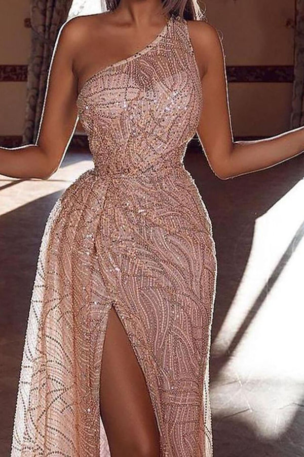 Amazing Sequins Prom Dress Long Slit On Sale One Shouder-Dbrbridal