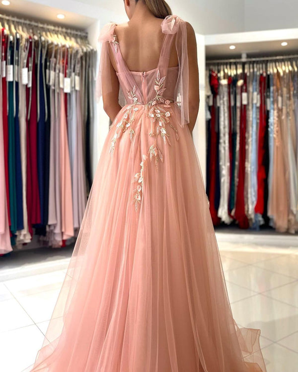 Amazing Straps Tulle Evening Dress Long With Split Sweetheart-Dbrbridal