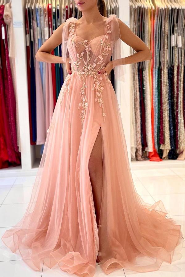 Amazing Straps Tulle Evening Dress Long With Split Sweetheart-Dbrbridal