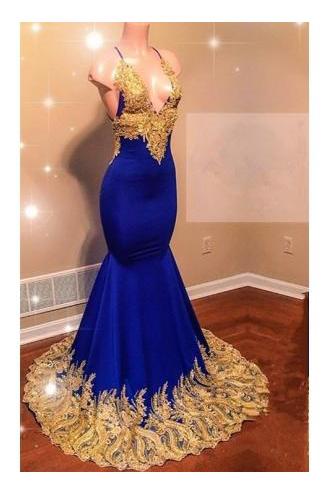 Appliques Spaghetti Sleeveless V-Neck Mermaid Prom Dresses-Dbrbridal