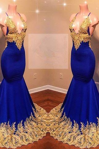 Appliques Spaghetti Sleeveless V-Neck Mermaid Prom Dresses-Dbrbridal