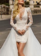 Asymmetrical Lace Wedding Dresses V-Neck Long Sleeves-Dbrbridal
