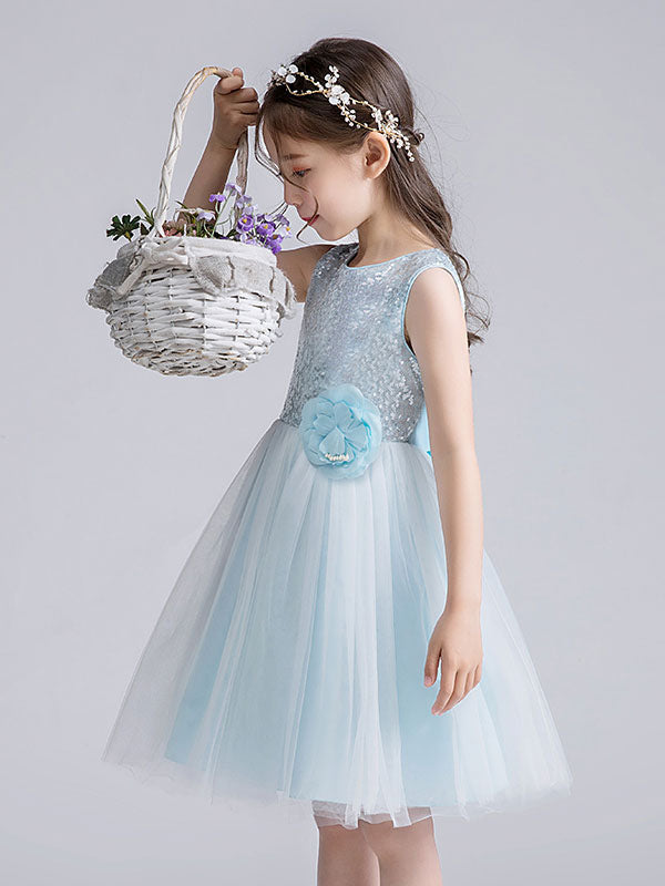 Baby Blue Jewel Neck Tulle Sleeveless Short Princess Dress Bows Kids Social Party Dresses-Dbrbridal