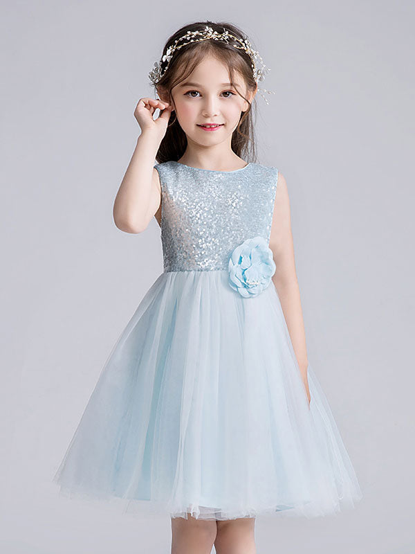 Baby Blue Jewel Neck Tulle Sleeveless Short Princess Dress Bows Kids Social Party Dresses-Dbrbridal